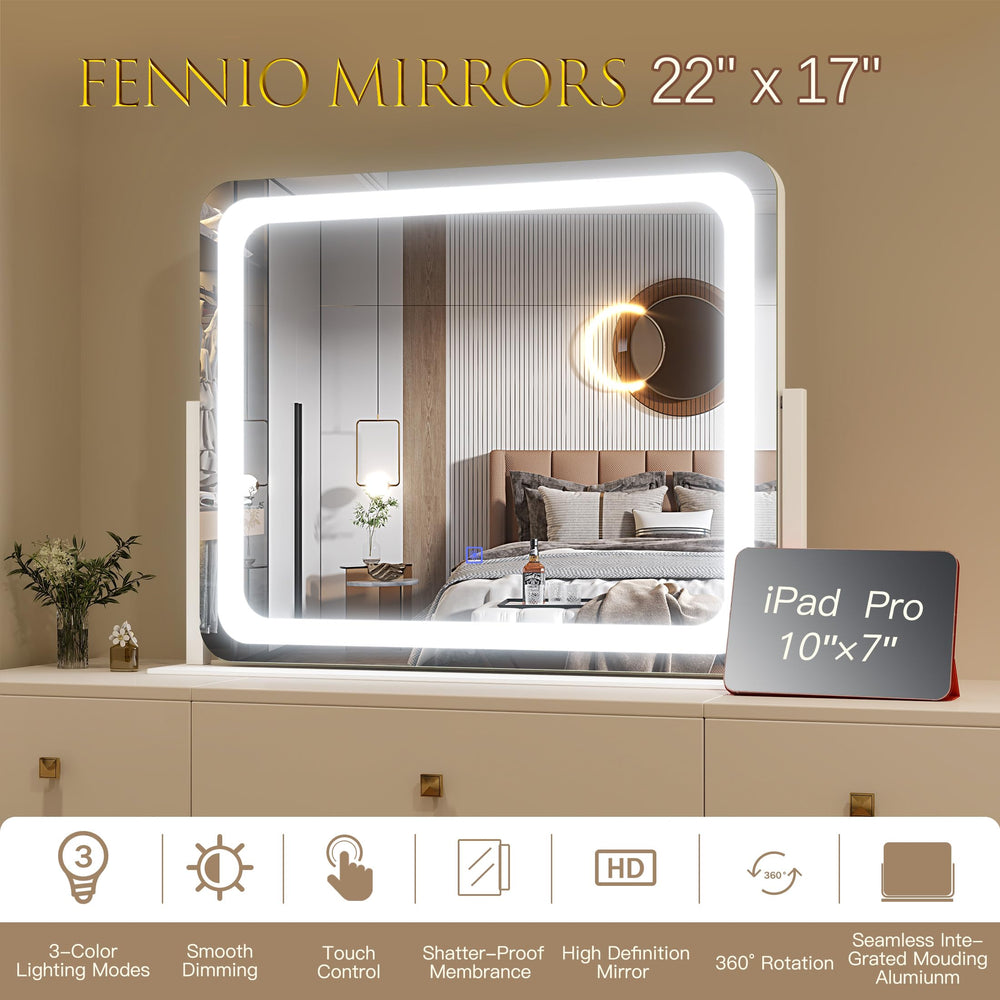 FENNIO vanity mirror for tabletop use on a vanity desk or dresser.