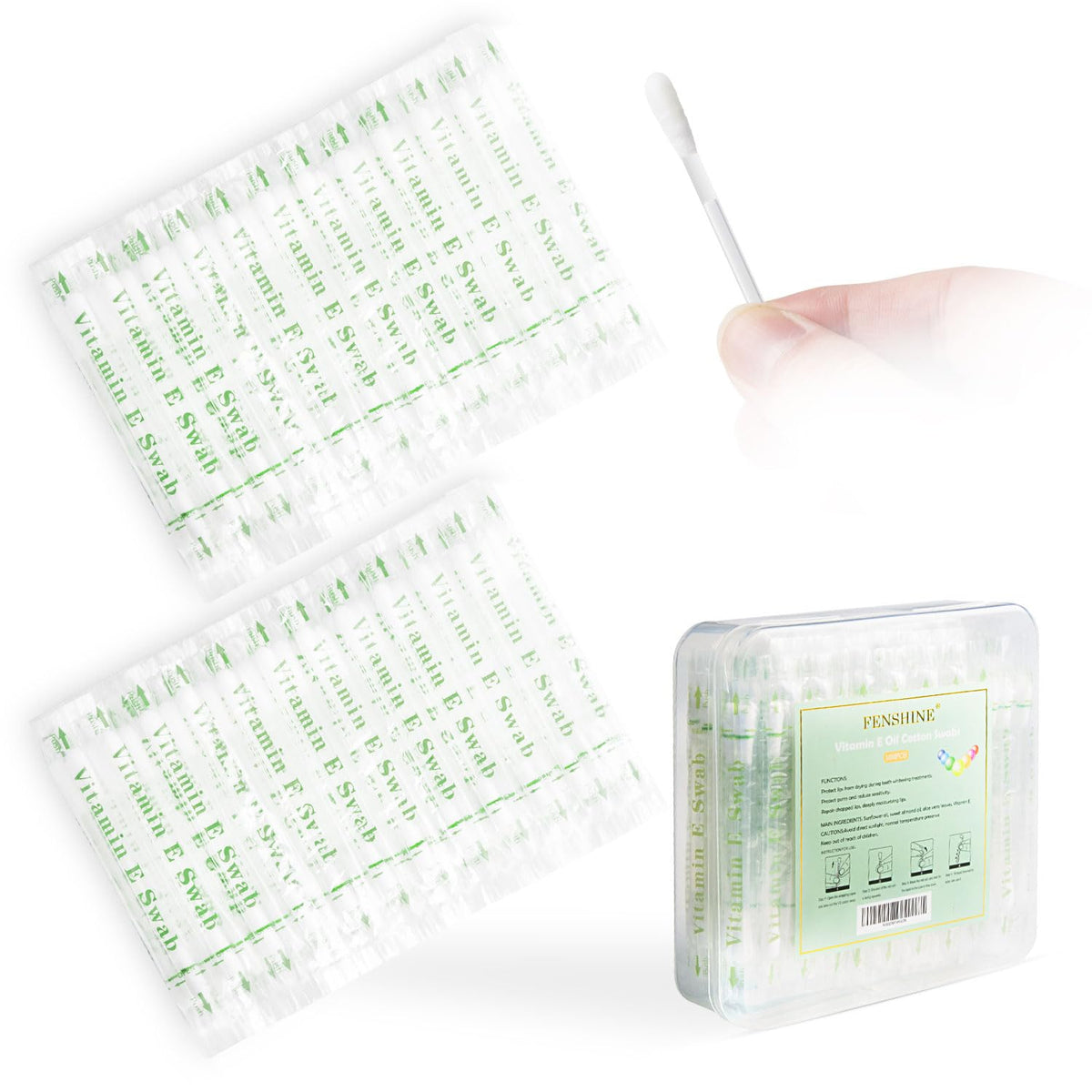 Fenshine Lips Oil Cotton Swabs packaging shows hygienic single-use design for on-the-go lip care.