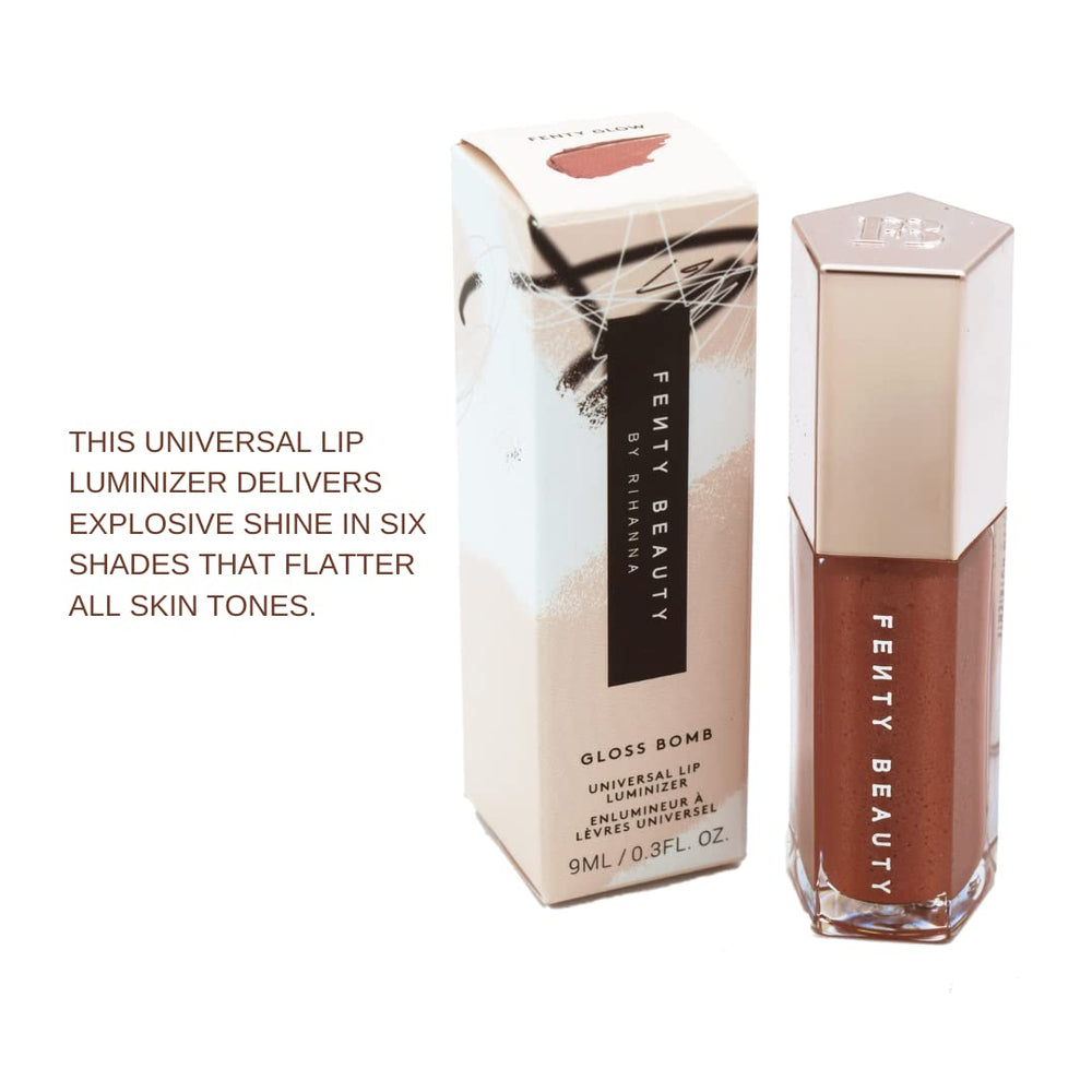 Fenty Glow swatch showing shimmering rose nude shade across lips