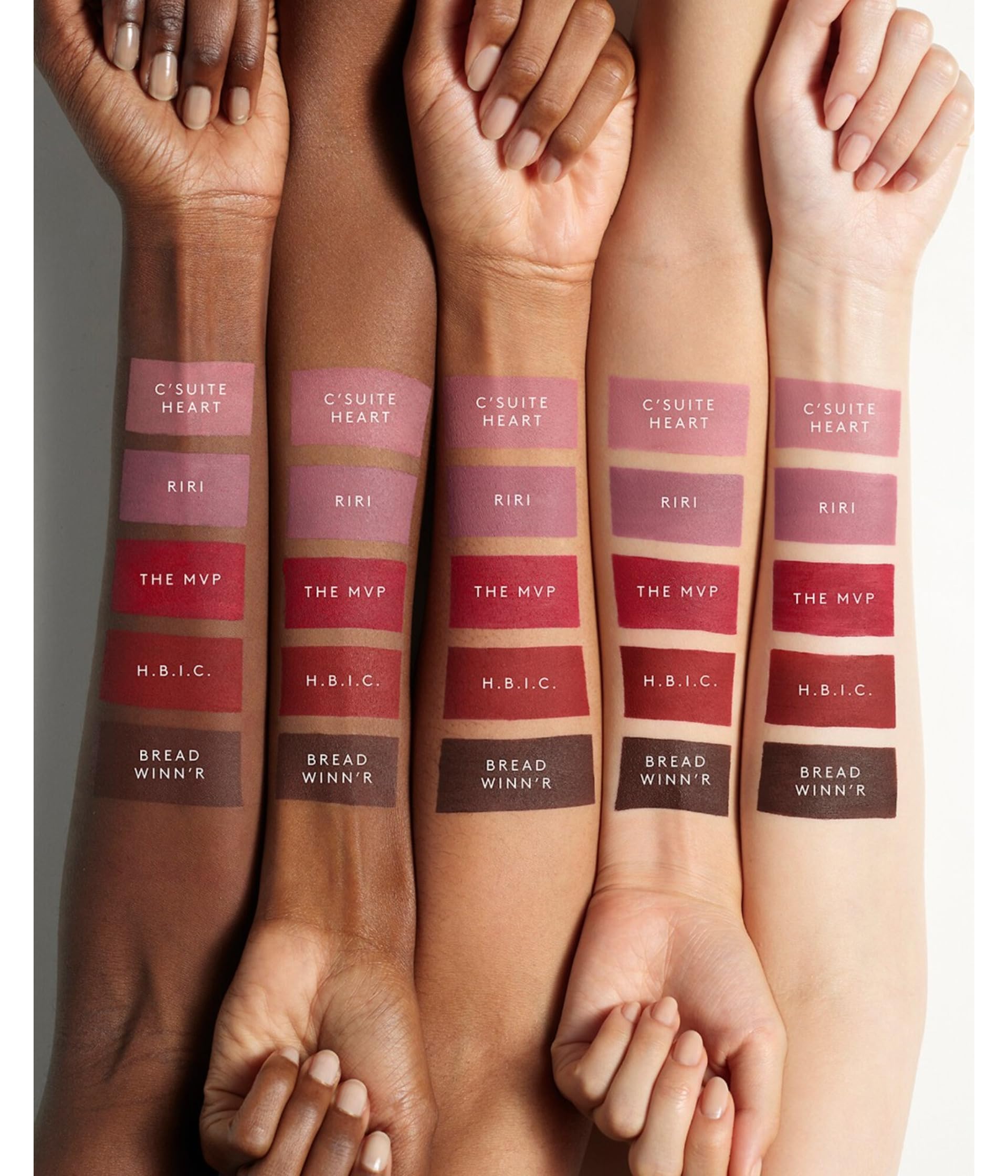 Fenty Icon Velvet Lipstick model showcases varied shade range for versatile styling.