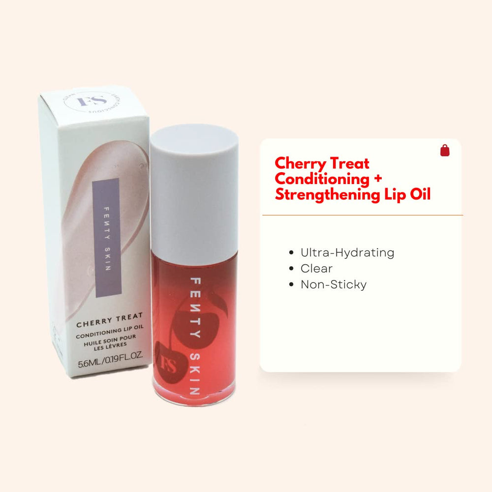 Fenty Skin Fenty Treatz lip oil bottle closeup highlights nourishing formula.