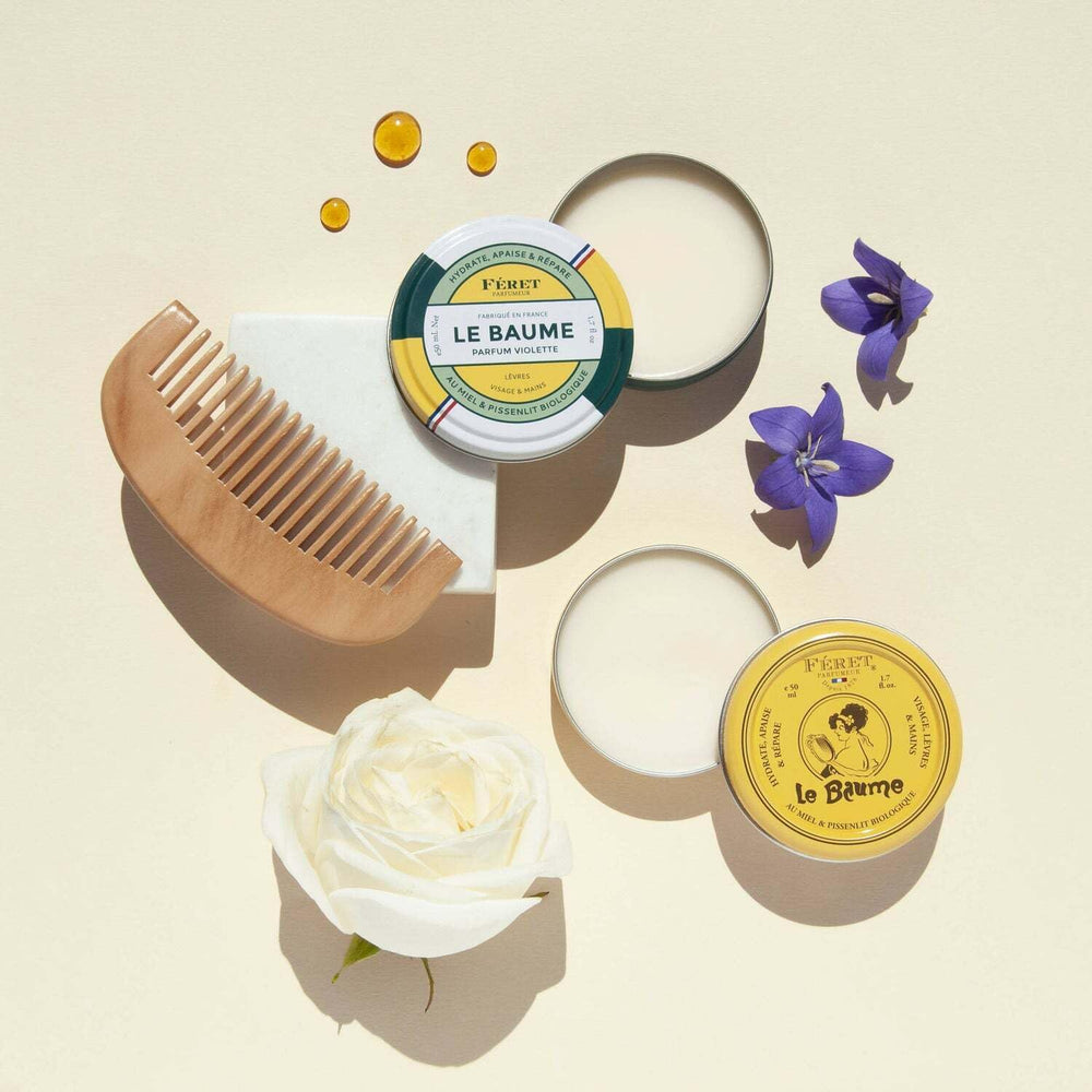 Feret Parfumeur Le Baume Violette ingredients highlight shea butter and honey for nourishment.