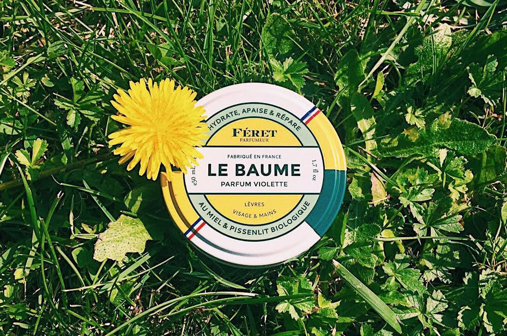 Feret Parfumeur Le Baume Violette label closeup emphasizes premium branding.