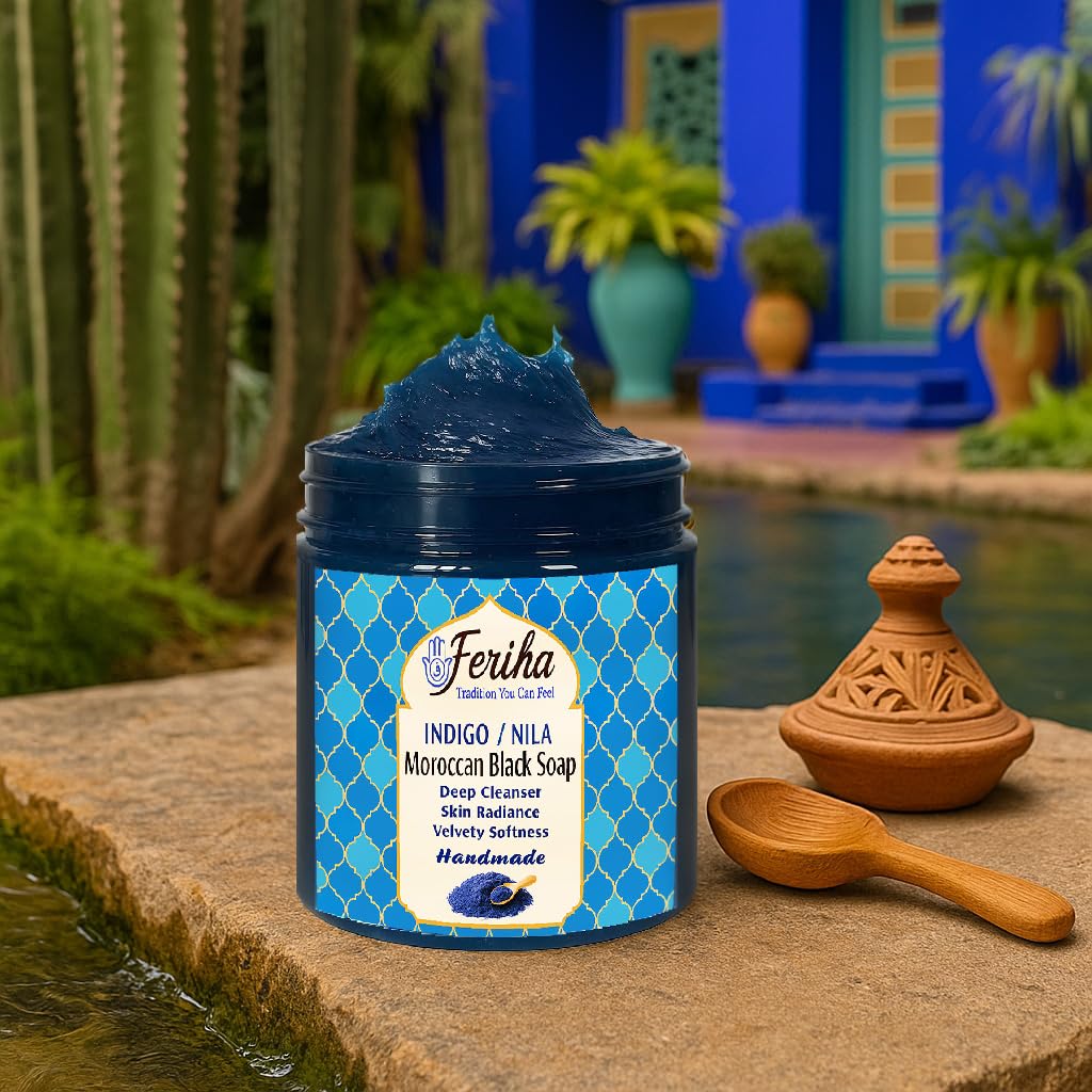 Feriha Black Soap indigo Hammam bottle used for deep pore cleansing.