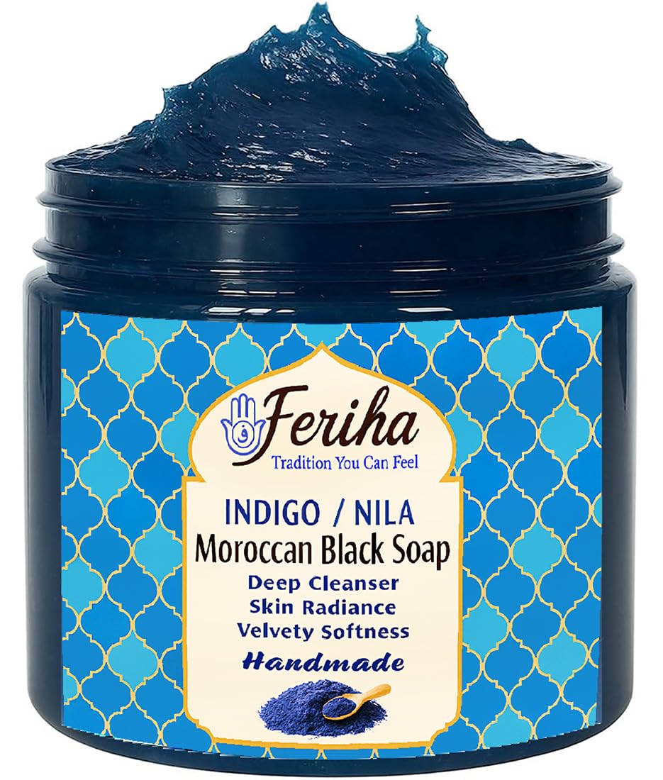 Feriha Moroccan Black Soap jar shows indigo tint for a spa-like cleansing ritual.