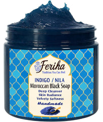 Feriha Moroccan Black Soap jar shows indigo tint for a spa-like cleansing ritual.