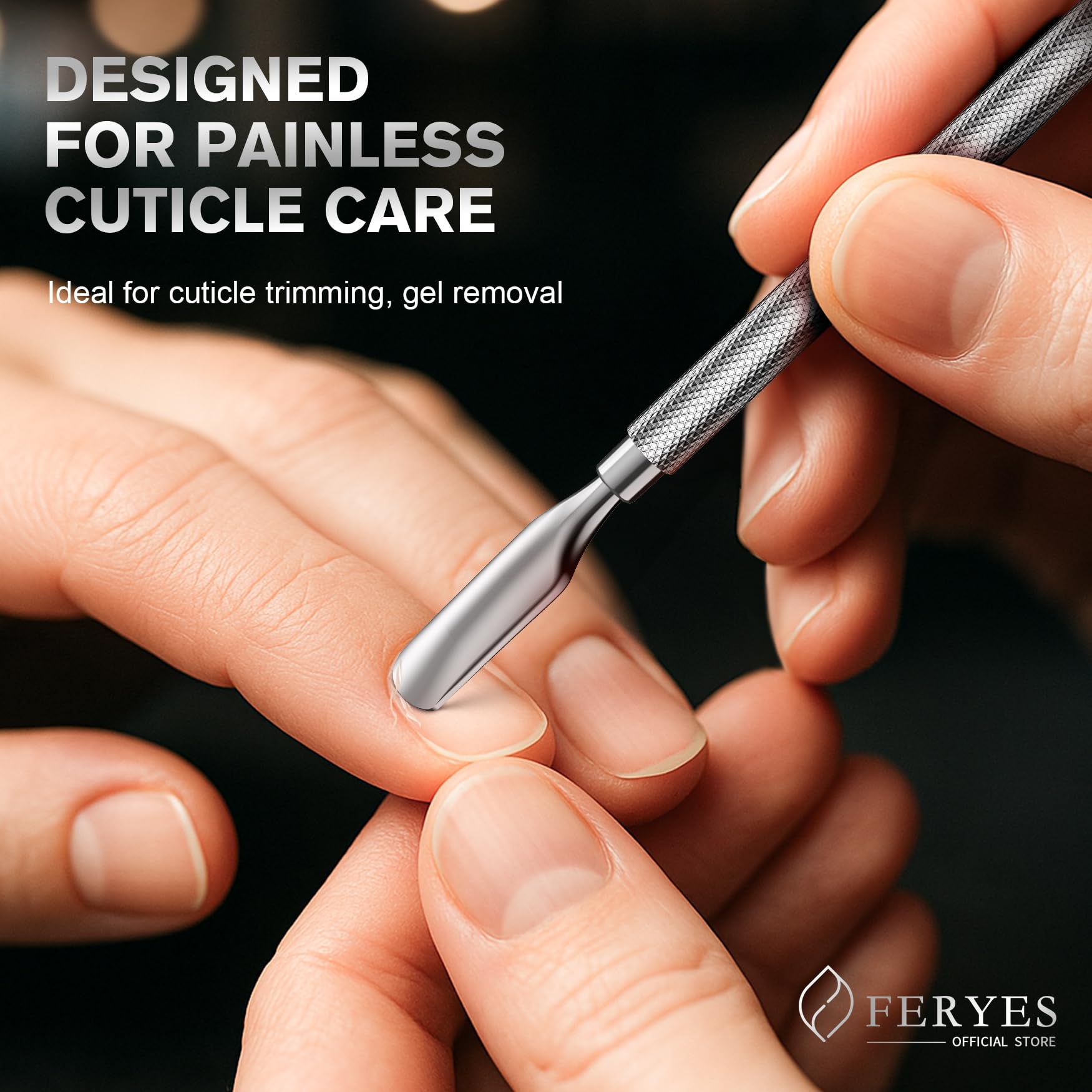 FERYES curved end and knife-edge enable efficient salon results at home.