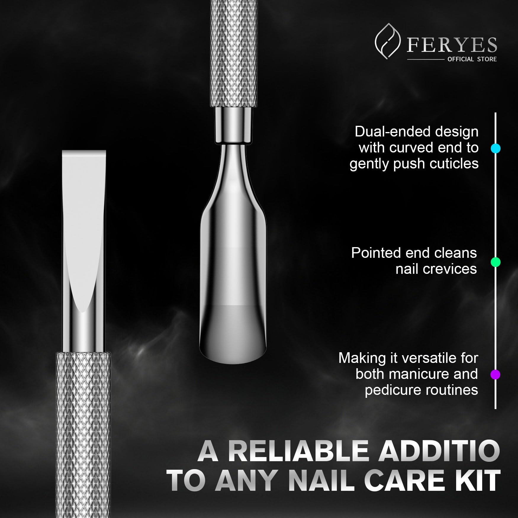 FERYES stainless steel cuticle tool showing durable salon-grade construction.