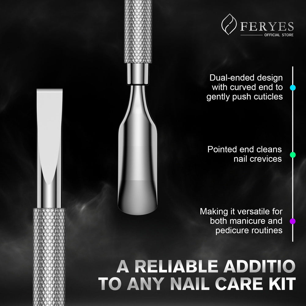 FERYES stainless steel cuticle tool showing durable salon-grade construction.