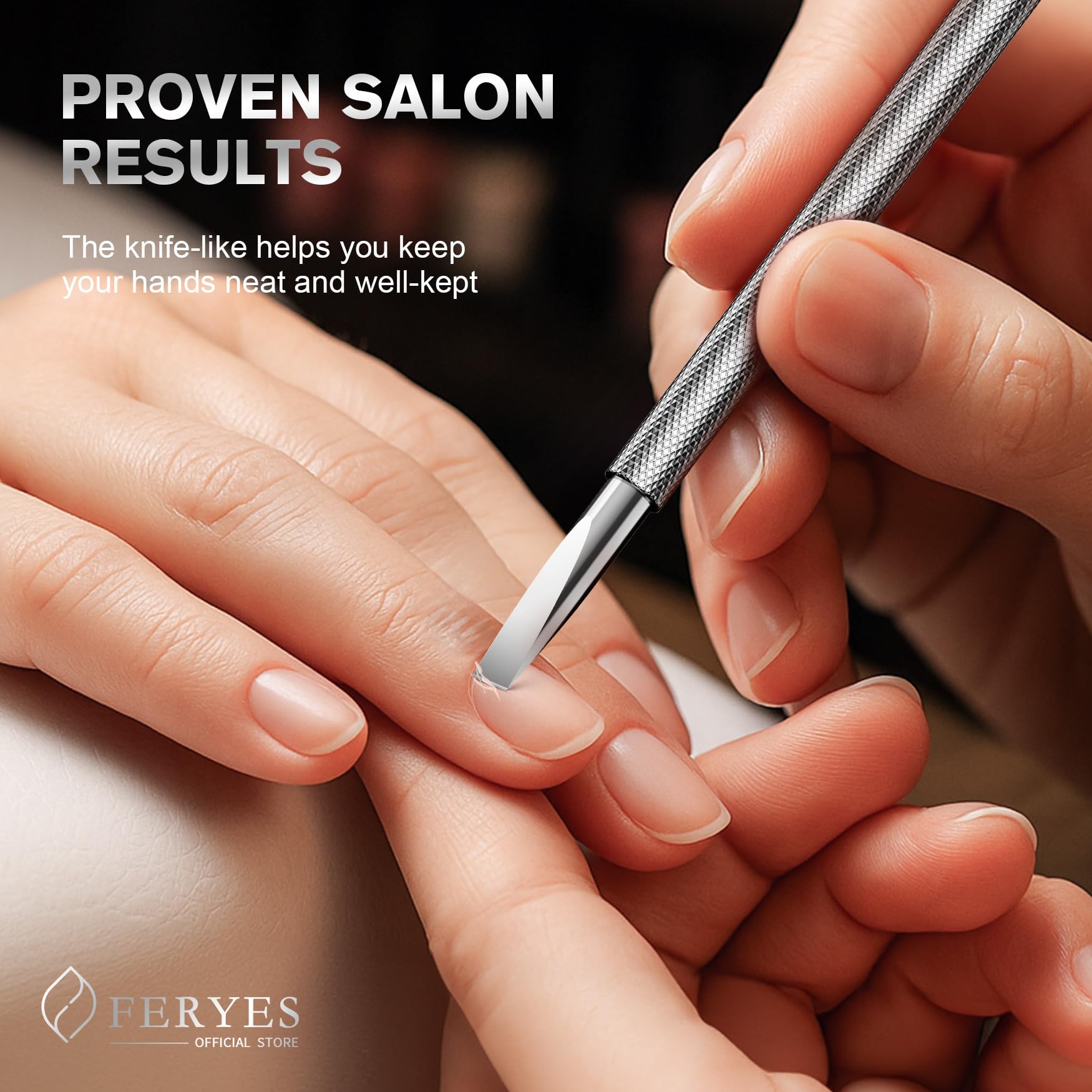 FERYES cuticle tool easy to clean with soap, water, or alcohol wipe.