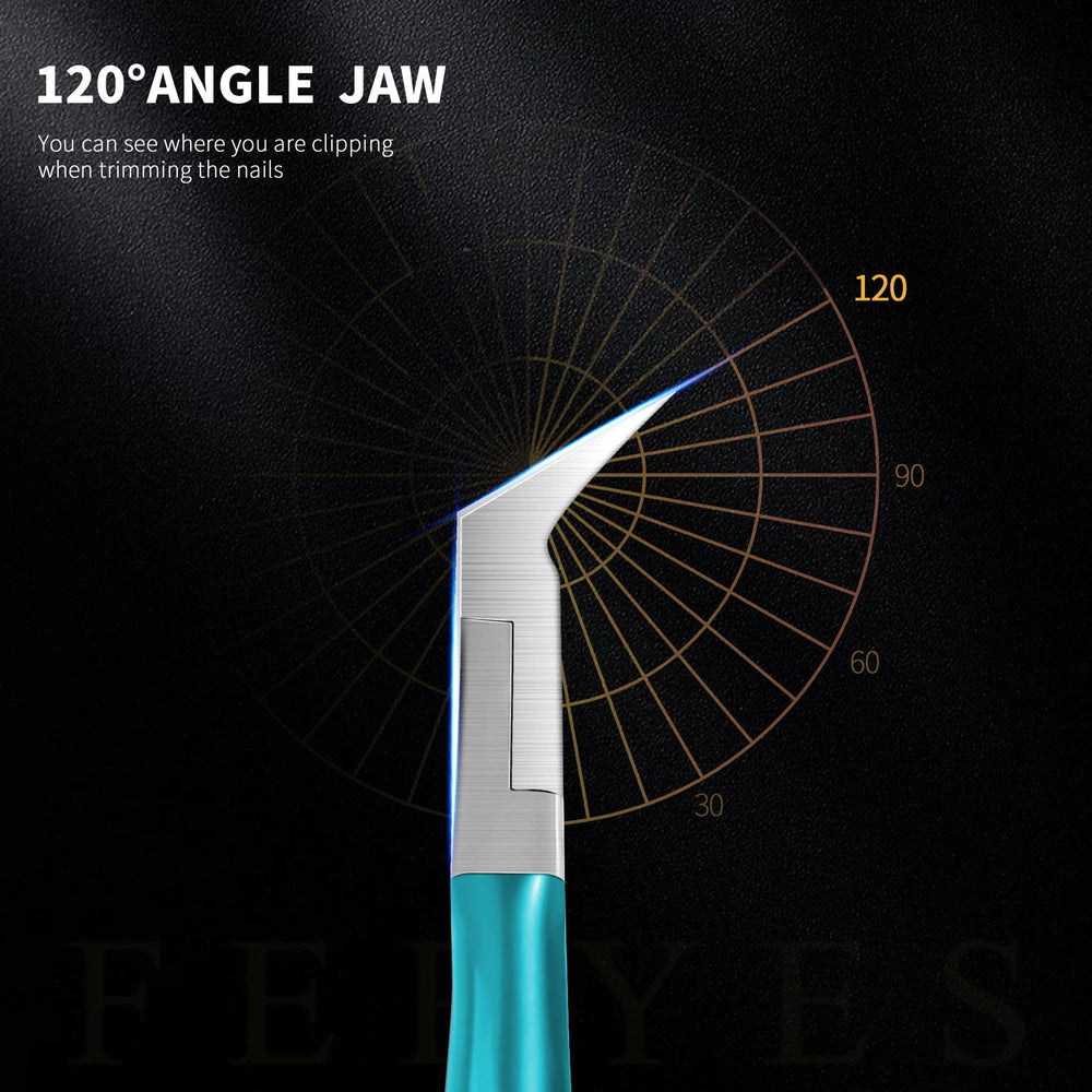 FERYES toenail clipper close-up shows straight edge for safe cuts.