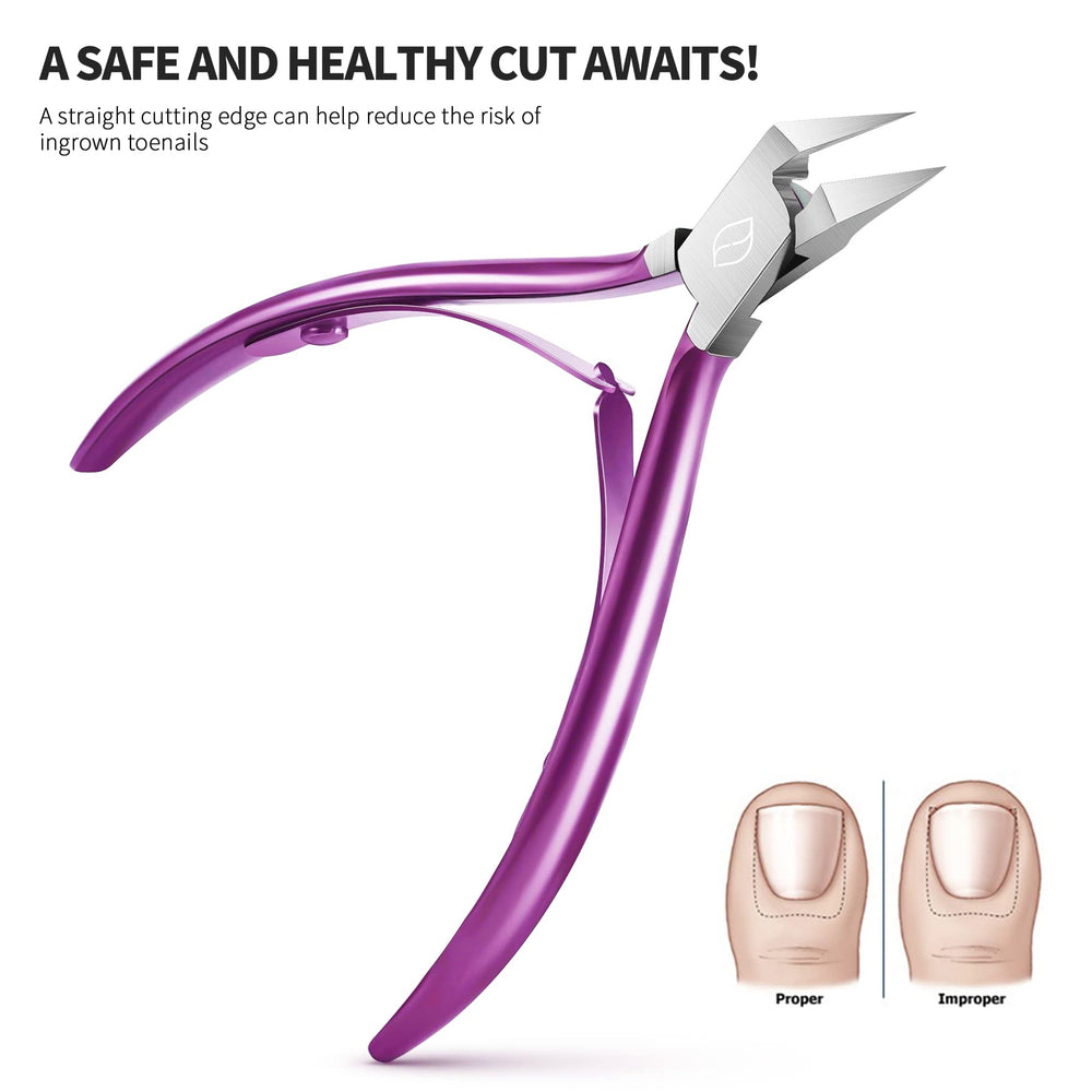 FERYES toenail clipper straight blade close-up tip reaches corners easily.