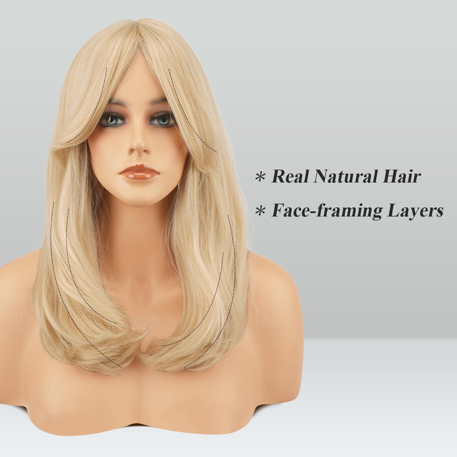 FESHFEN 18-inch blonde wig with bangs provides soft curtain fringe for framing.