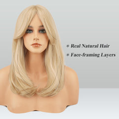 FESHFEN 18-inch blonde wig with bangs provides soft curtain fringe for framing.