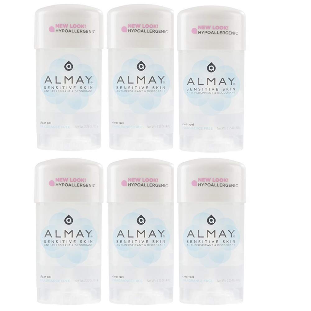 FF Almay clear gel fragrance free deodorant bottle for sensitive skin protection.