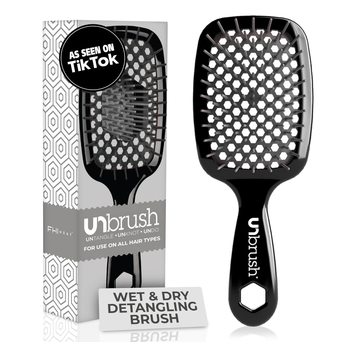 FHI Heat UNbrush bristles closeup shows dual-length bristles for gentle detangling.