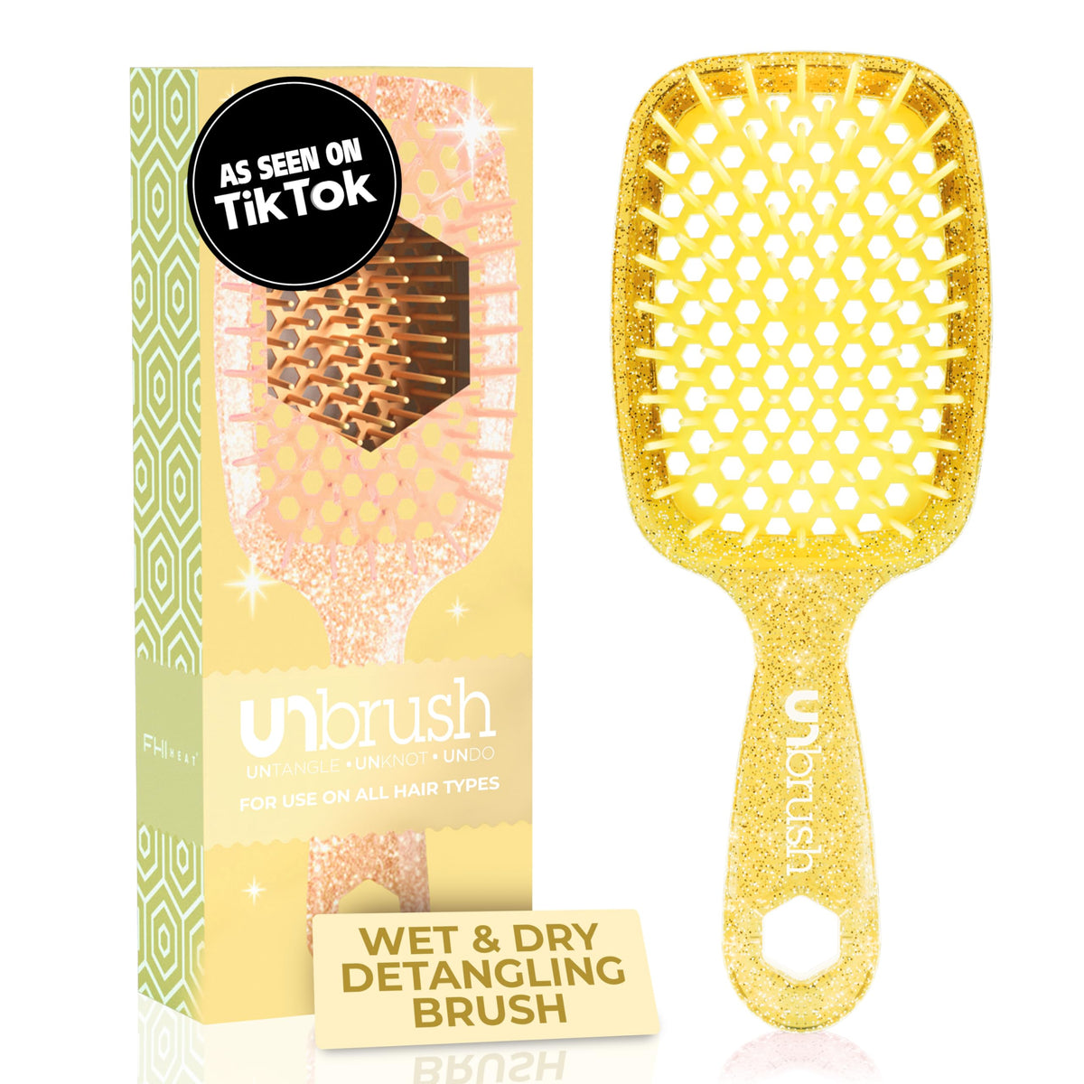 FHI Heat UNbrush bristles closeup highlights dual-length bristles for gentle detangling.