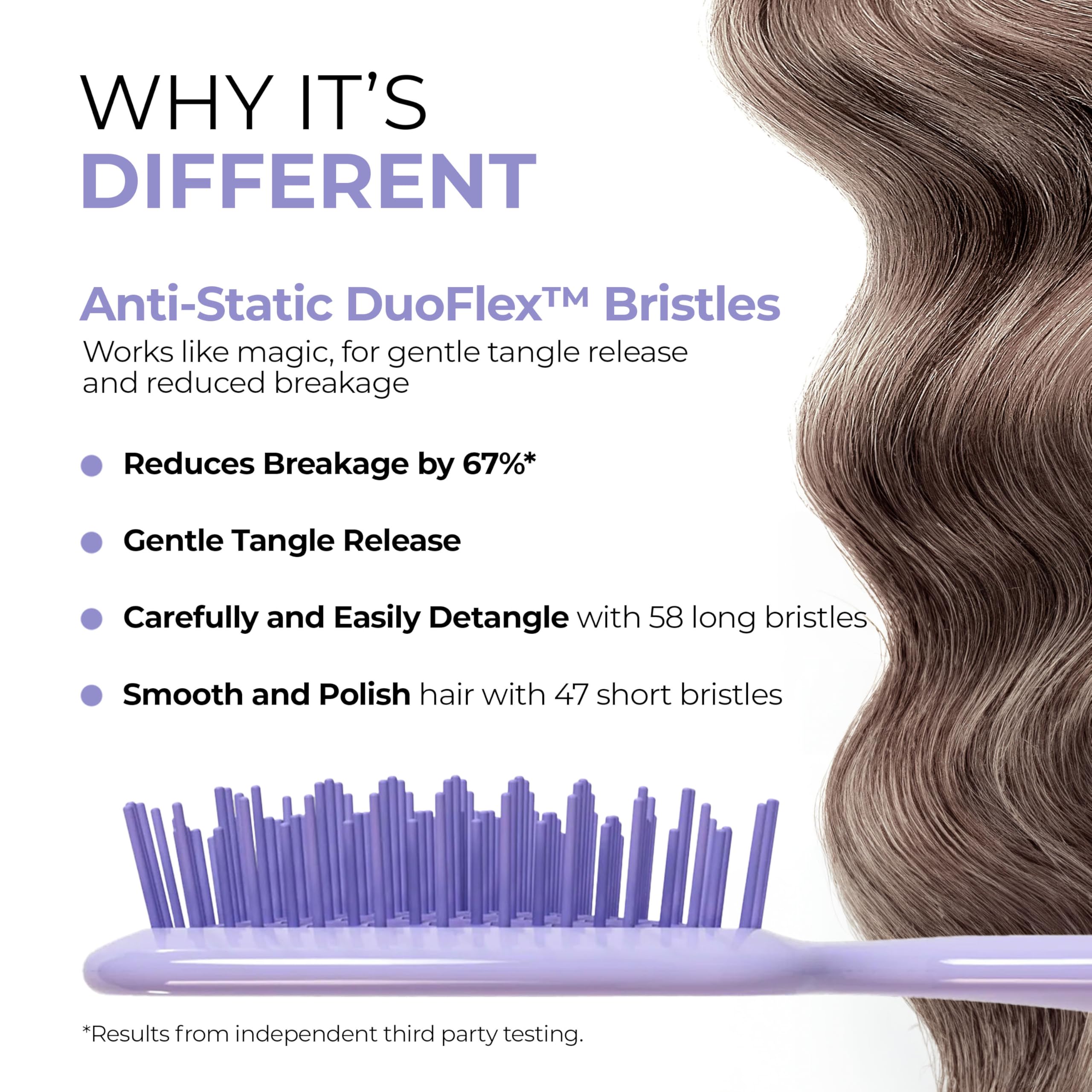 FHI Heat UNbrush lilac duo-flex bristles demonstrate anti-static detangling for curls