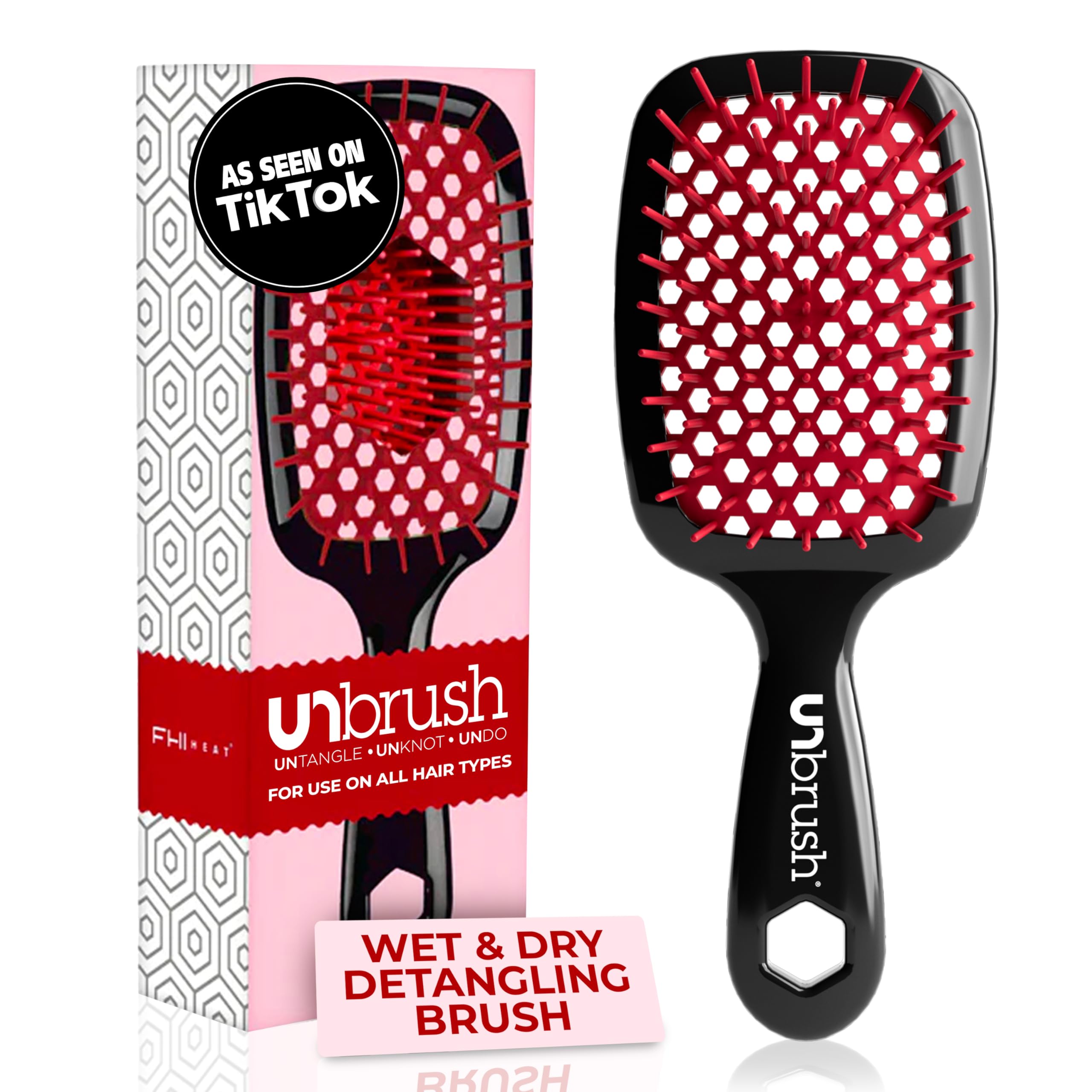 FHI Heat UNbrush Red detangling brush with DuoFlex bristles for painless knot release.