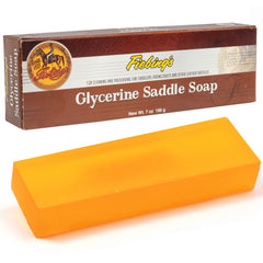 Fiebing's glycerine saddle soap bar packaging showcased for leather care versatility.