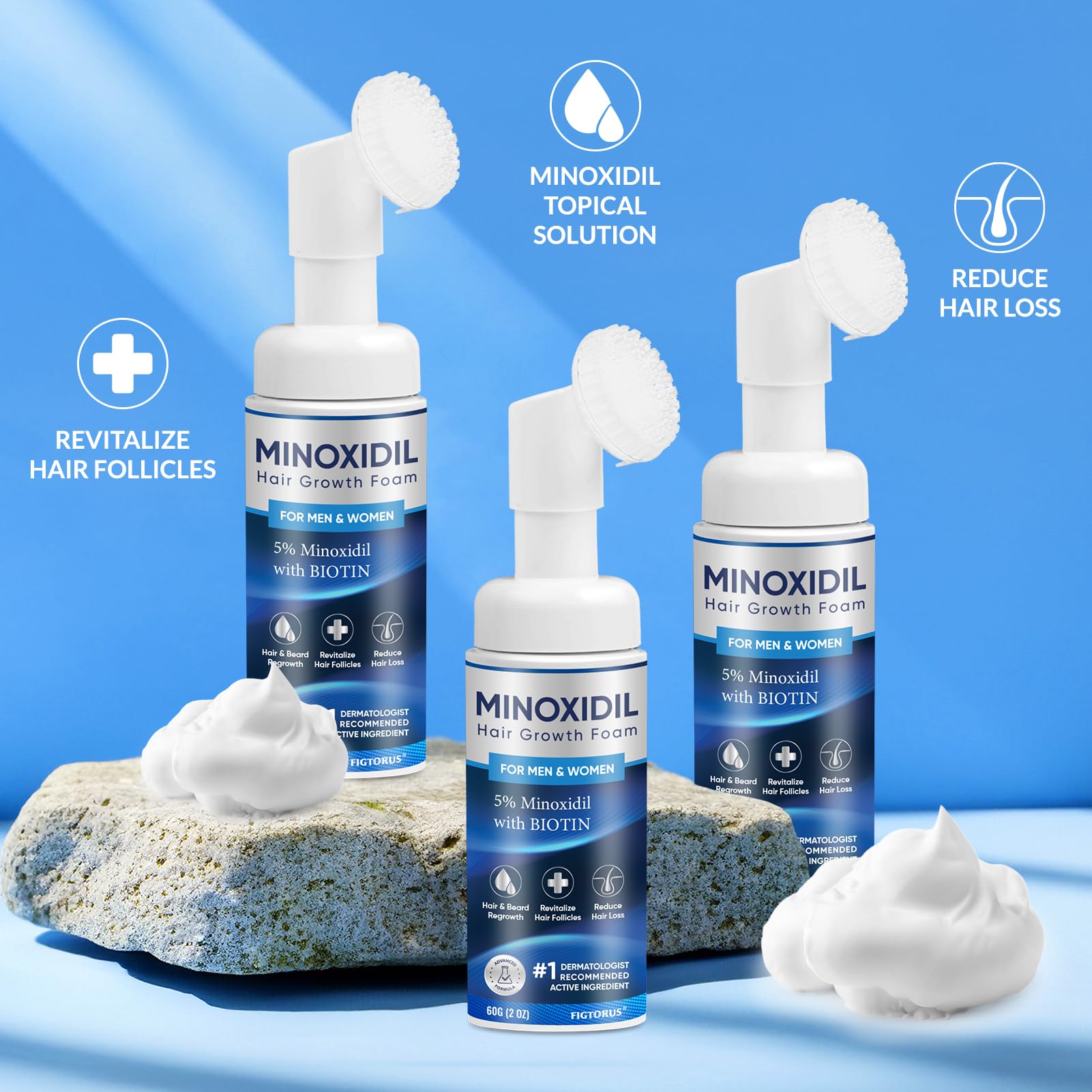 FIGTORUS Minoxidil foam close-up shows creamy texture for quick scalp absorption.