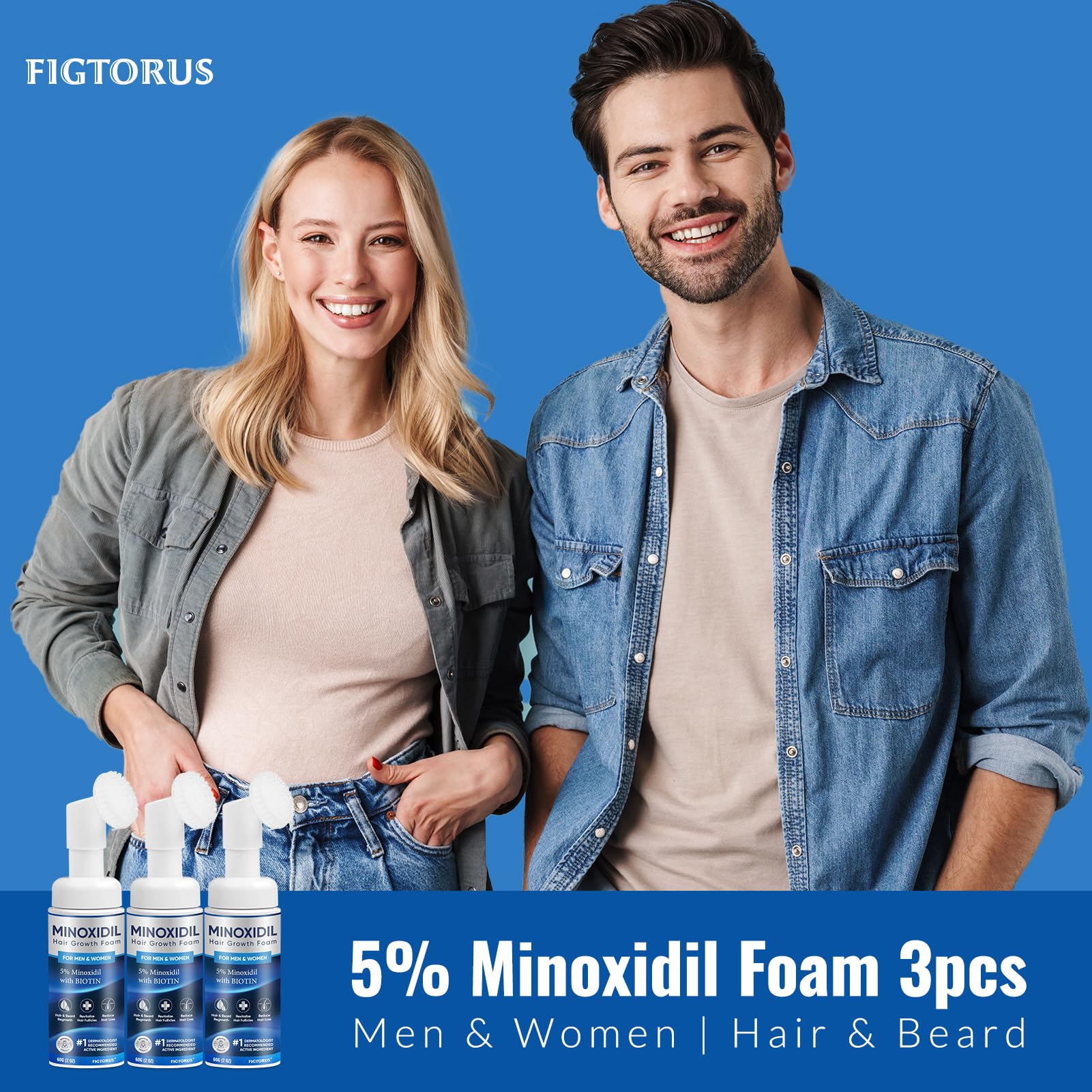 FIGTORUS 5% Minoxidil Foam label detail shows active ingredients and usage notes.