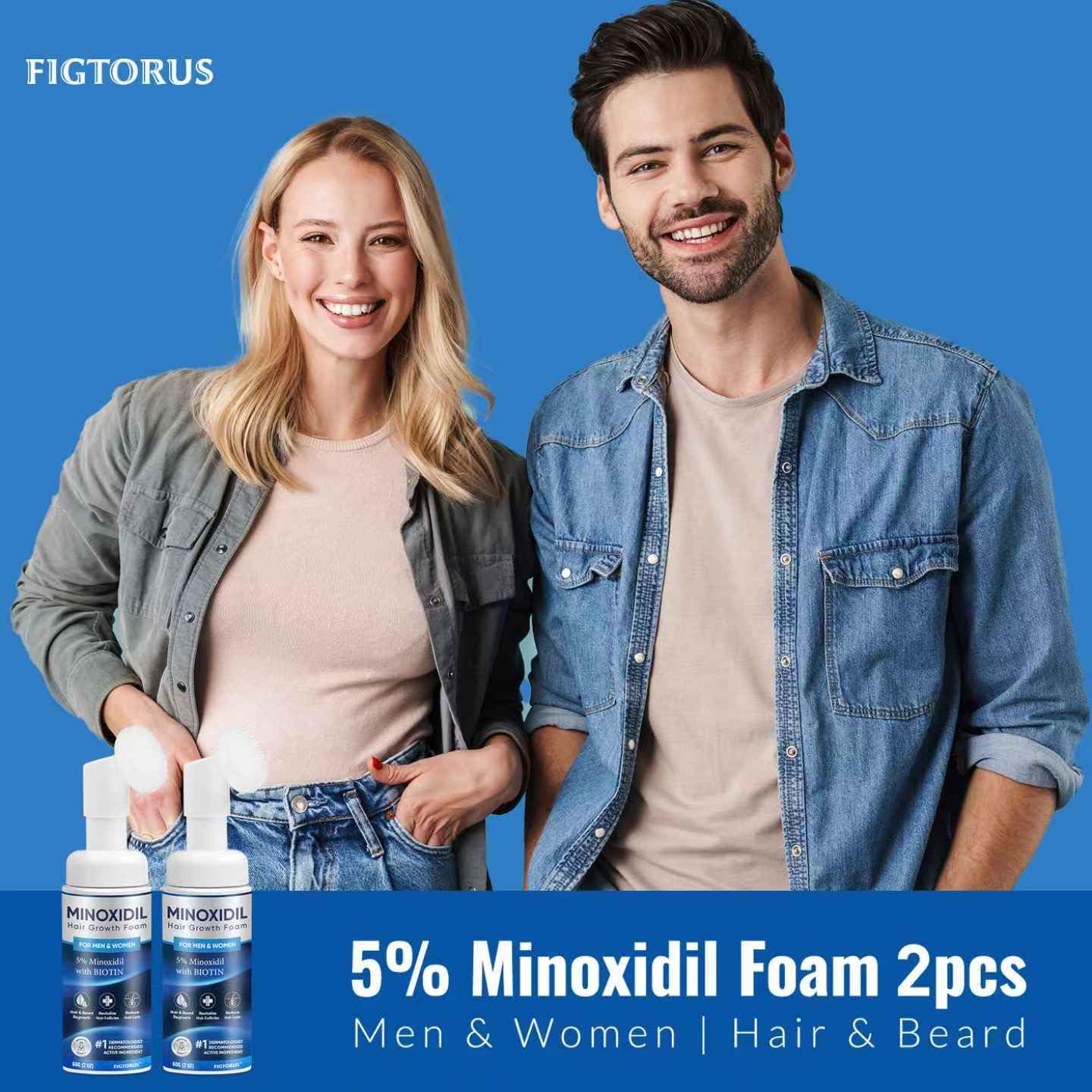 FIGTORUS Minoxidil Foam bottle beside foam texture suggesting new hair growth.