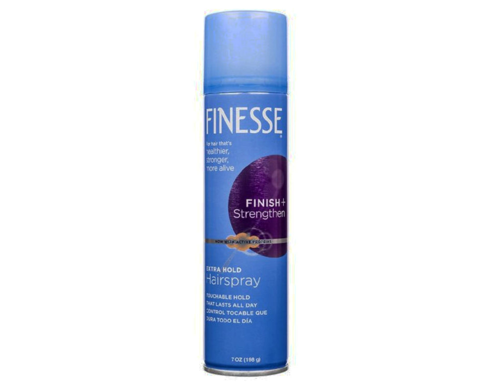 Finesse extra-hold spray dispense close-up shows fine mist
