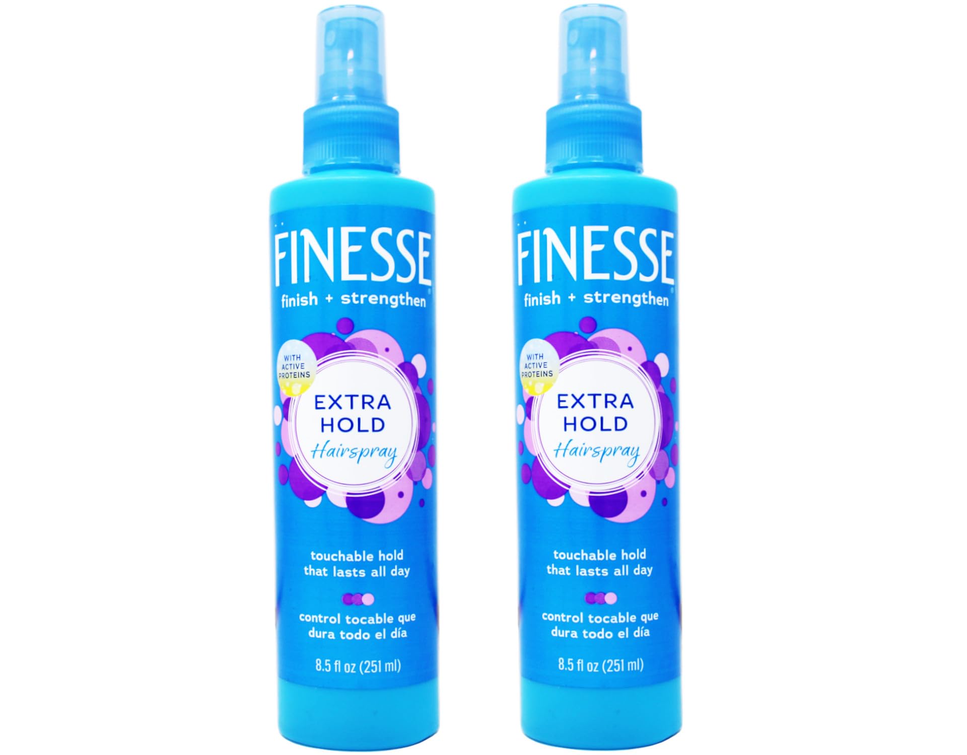 FINESSE finish-strengthen hairspray bottle close-up showing long-lasting hold and shine