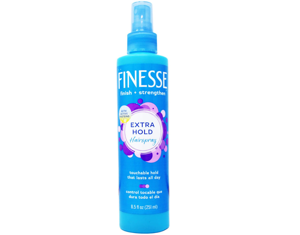 FINESSE Finish Strengthen hairspray bottle closeup highlighting hold and conditioning.