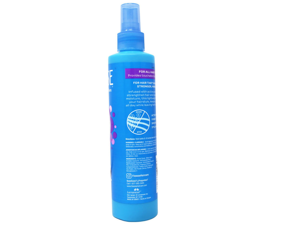 FINESSE finish-strengthen hairspray label-detail emphasizing protein-enriched formula and shine