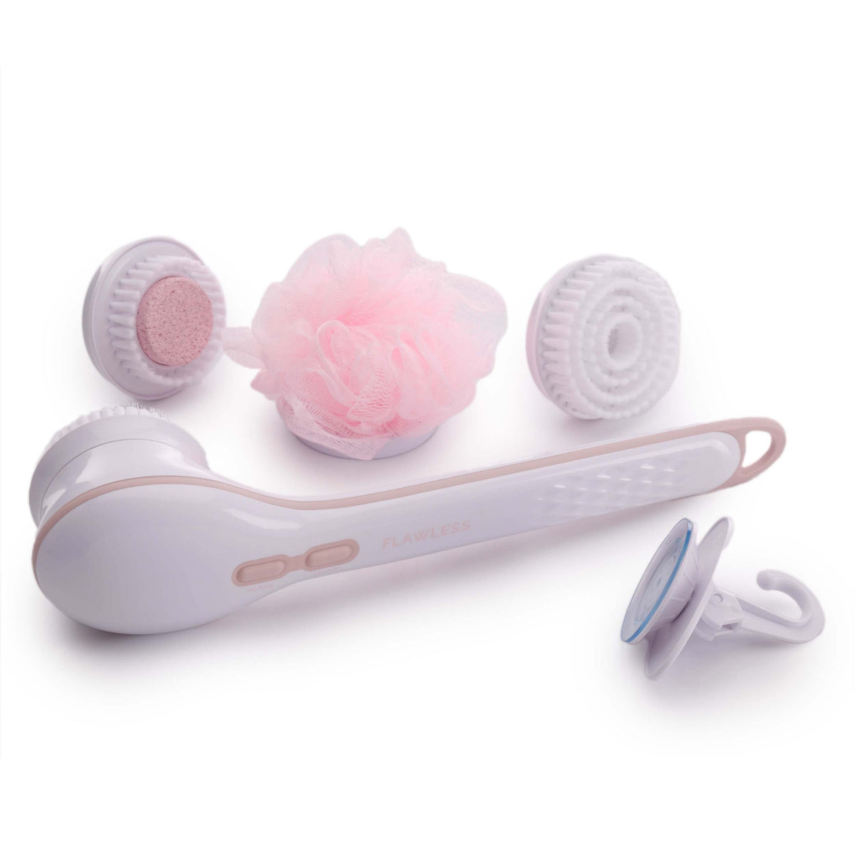 Finishing Touch Flawless Cleanse Spa features a long handle for hard-to-reach areas during cleansing.