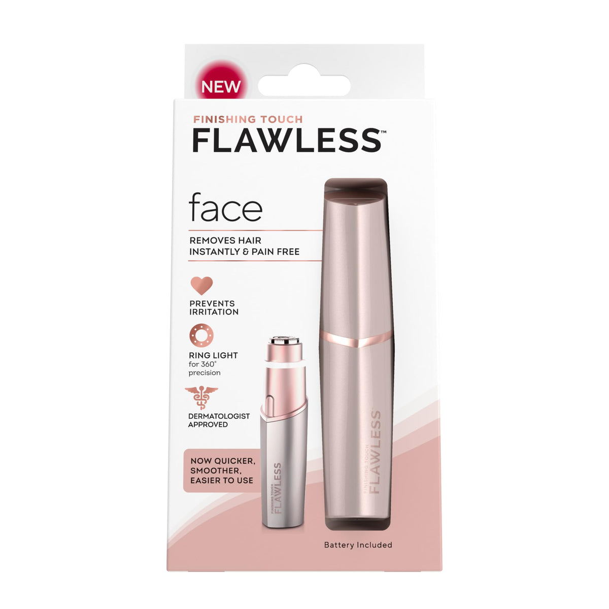 Finishing Touch Flawless rose-gold face hair remover with LED light enables precise, painless grooming.