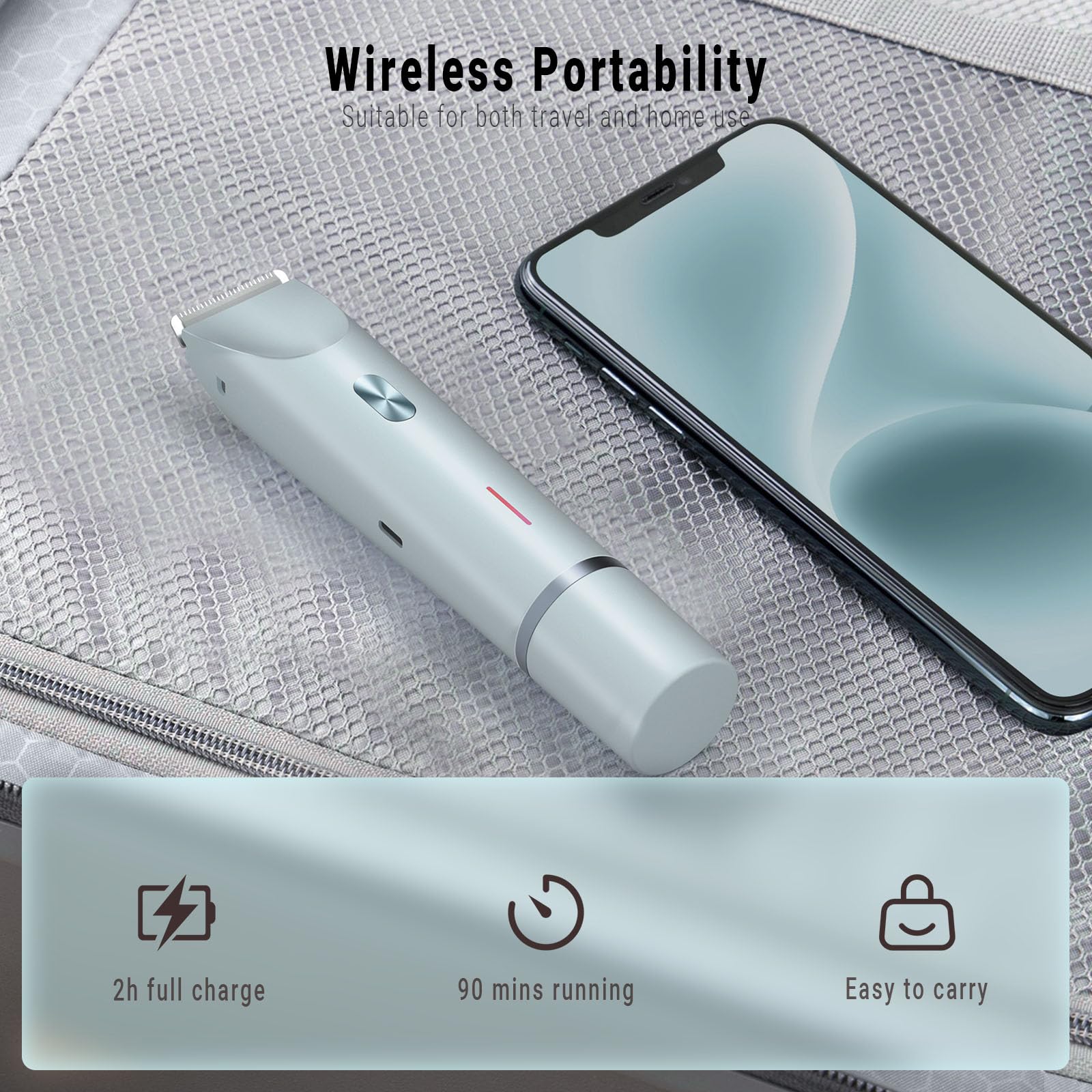 FIONOFY travel-ready, cordless trimmer for quick touch-ups anywhere.