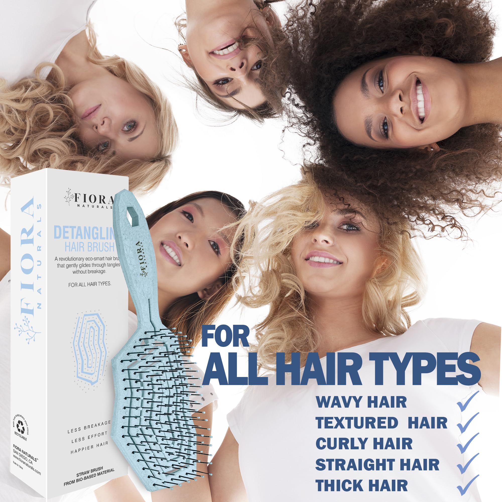 Fiora Naturals Anti-static bristles knot removal close-up for smoother detangling.