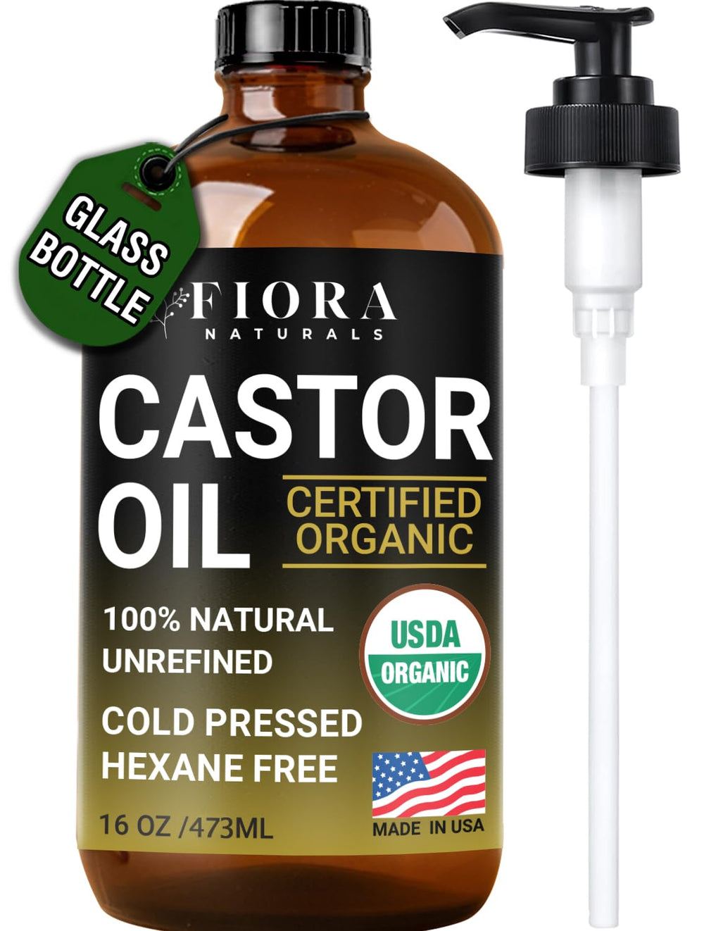 Fiora Naturals castor oil in glass bottle ready for daily moisturizing and hair care.