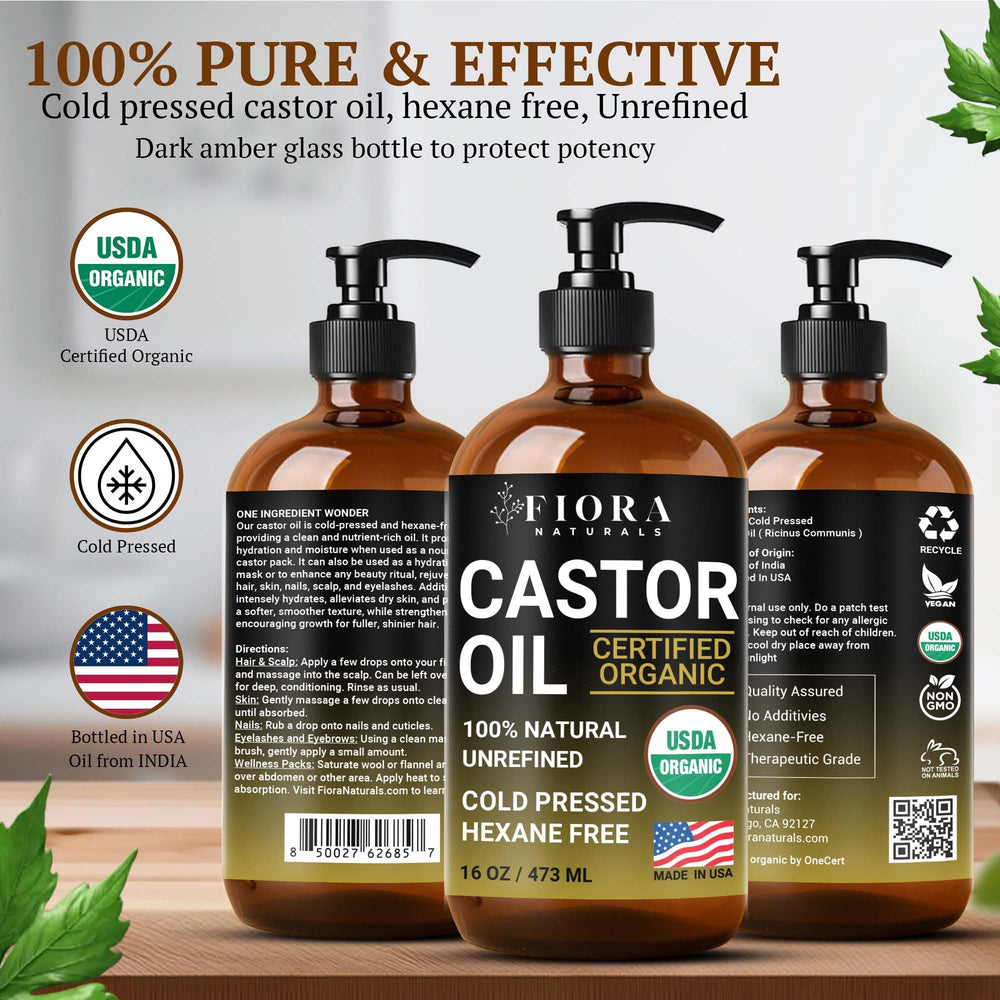 Pump dispenser on Fiora Naturals castor oil enables easy, mess-free application.