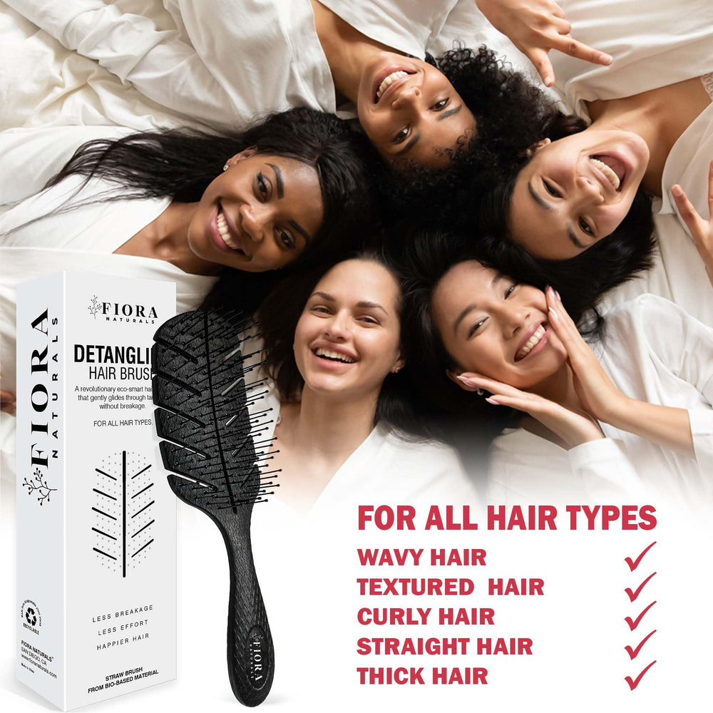 Fiora Naturals Detangler Brush made from eco-friendly materials highlighting biodegradability.