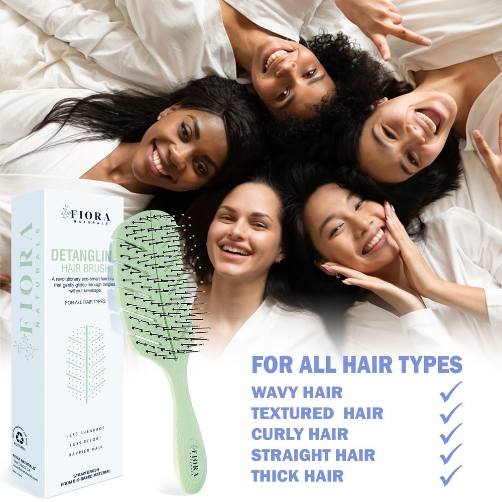 Fiora Naturals Detangler Brush kids use depicts gentle bristles easing mornings for children.