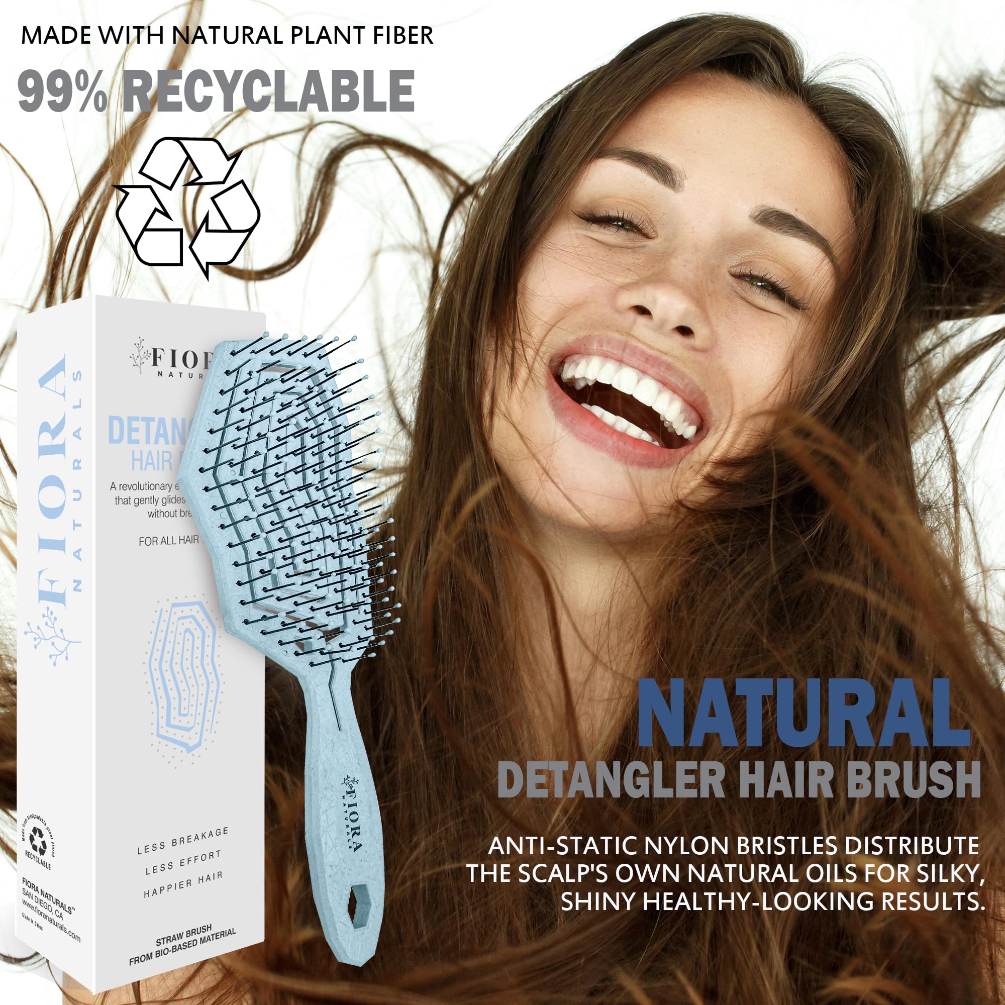Fiora Naturals Detangler Brush used on wet and dry hair showing versatility.