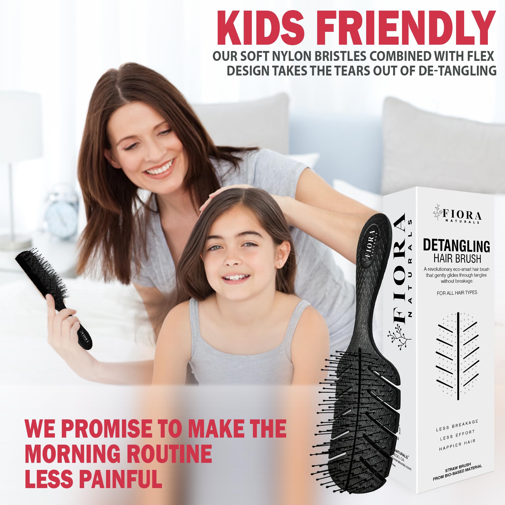 Fiora Naturals Detangler Brush on wet hair demonstrating knot removal without breakage.