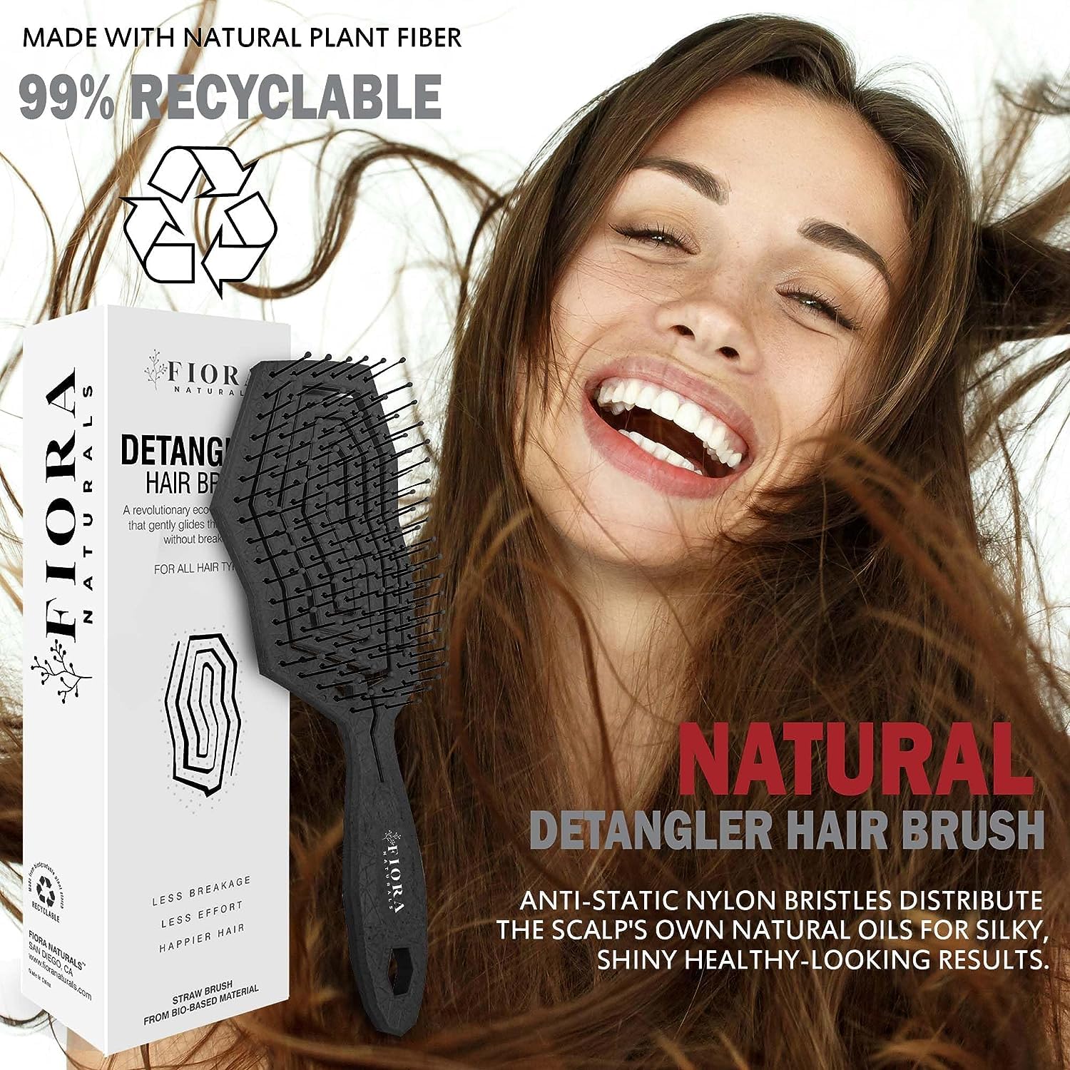 Fiora Naturals detangling brush made from biodegradable materials for eco-conscious care.