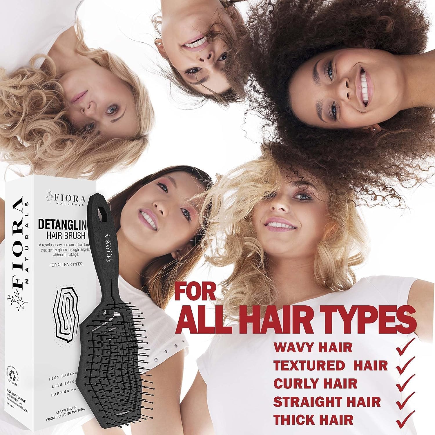 Fiora Naturals detangling brush with kids-friendly bristles easing toddler detangling.