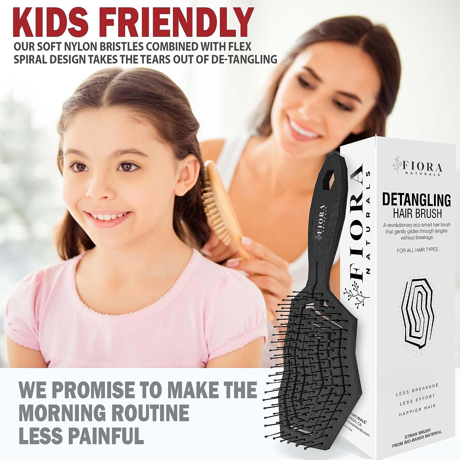 Fiora Naturals detangling brush in use on wet hair for knot-free styling.