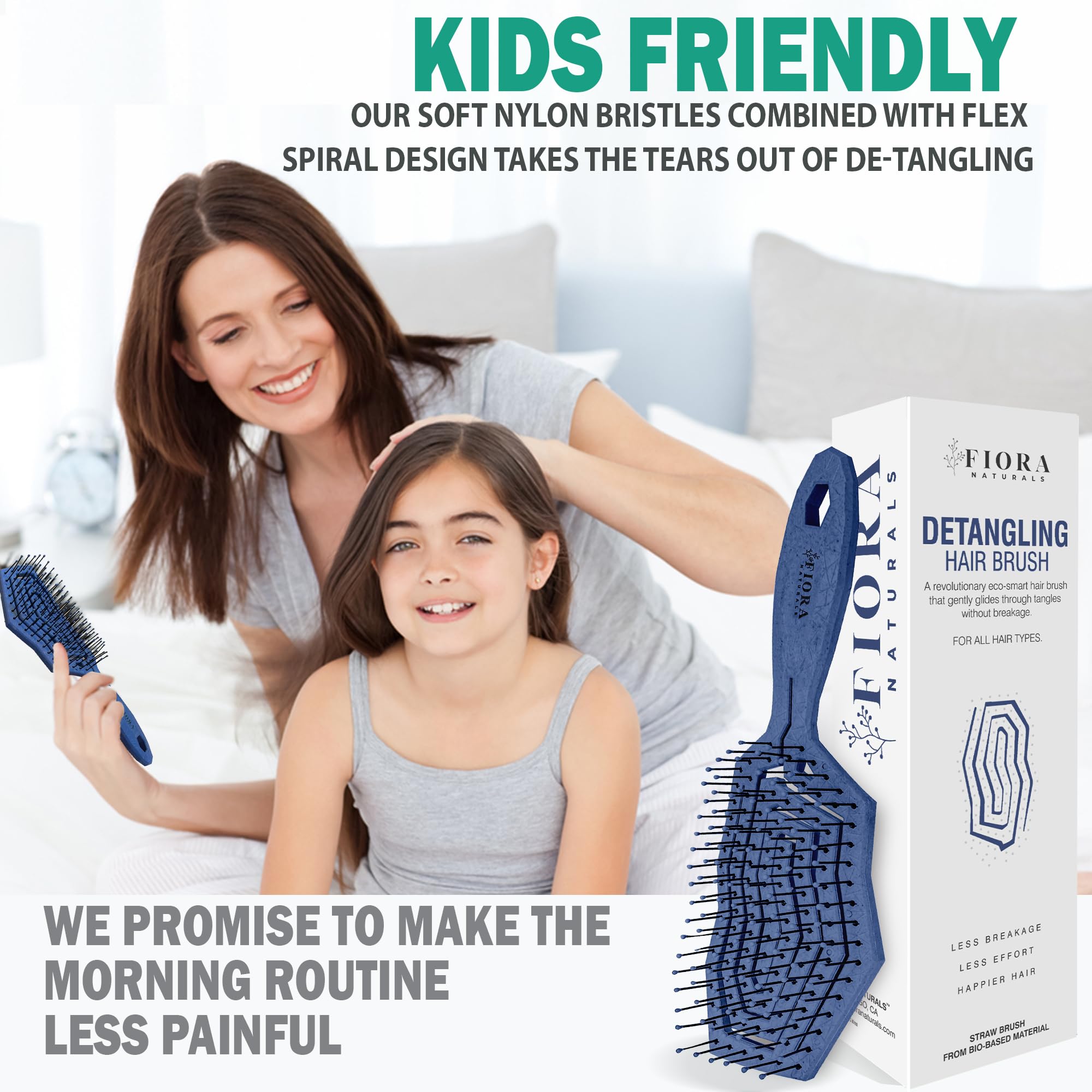 Fiora Naturals kids detangler with soft bristles for tear-free mornings