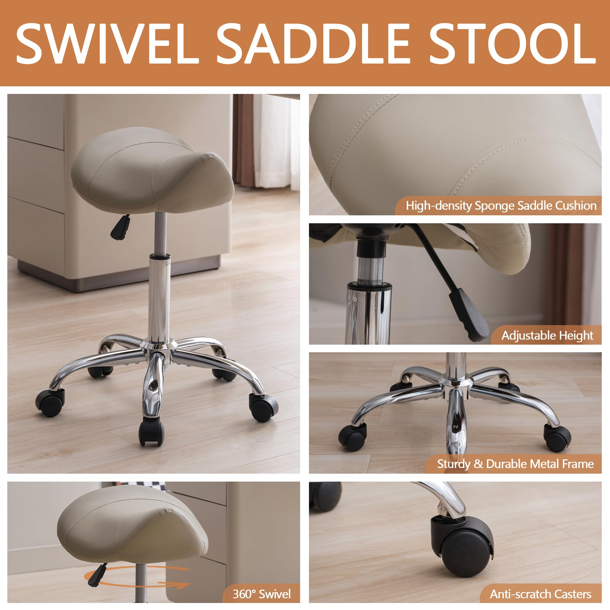 FIRAVOE Saddle Stool PU leather upholstery delivers comfortable, easy-care seating.