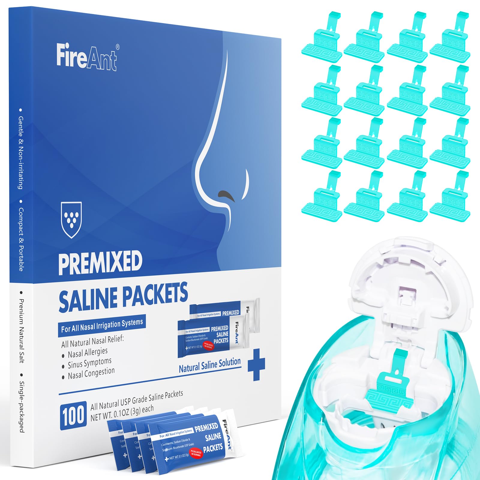 FireAnt 100 saline packets packaging for convenient nasal rinse