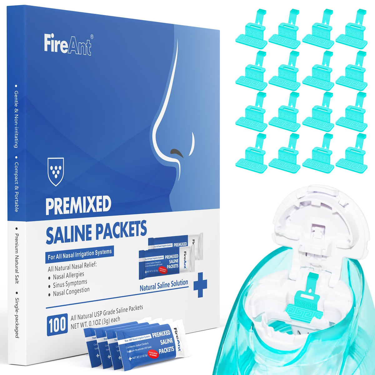 FireAnt 100 saline packets packaging for convenient nasal rinse