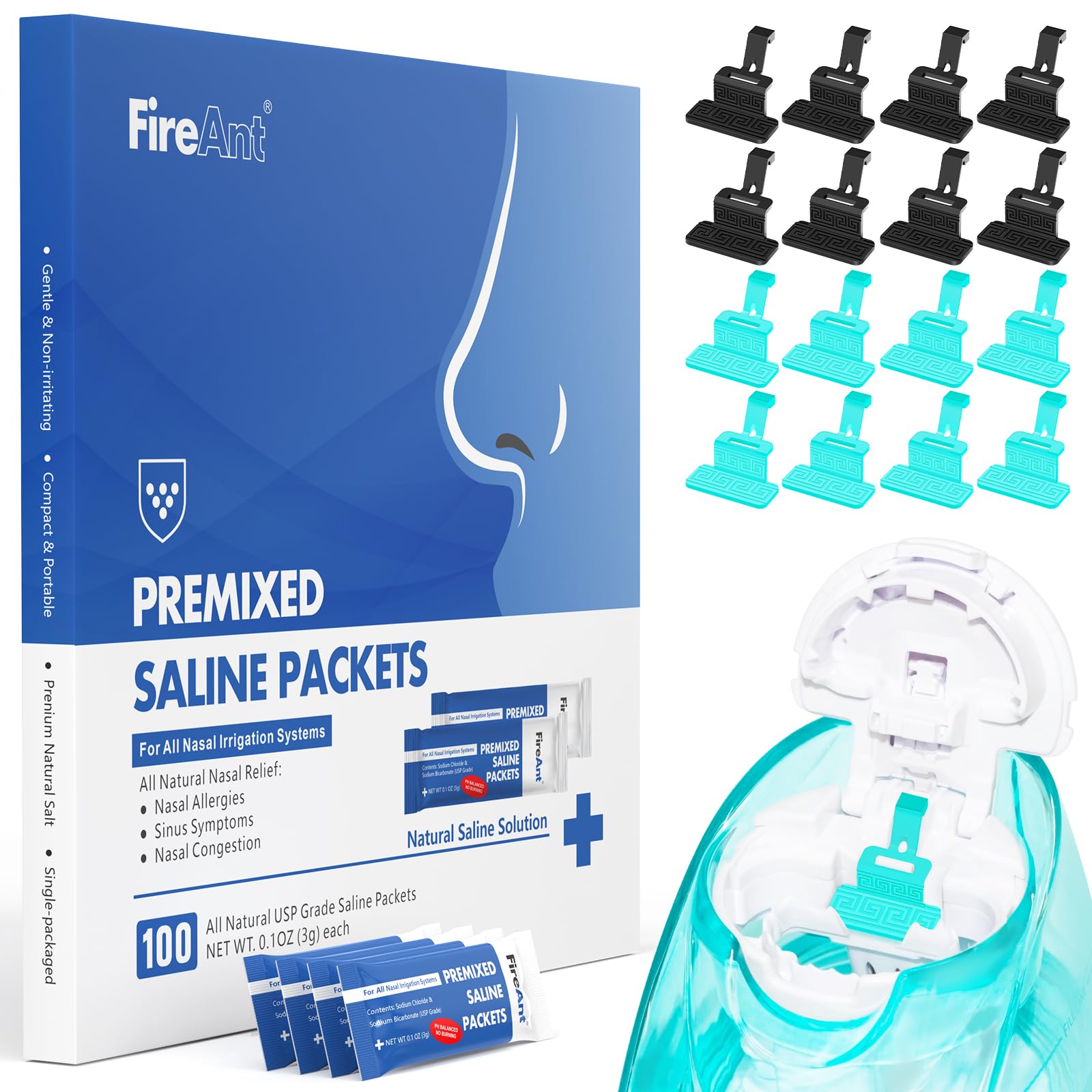 FireAnt 100 saline packets kit for Navage nasal care, convenient sea-salt rinse