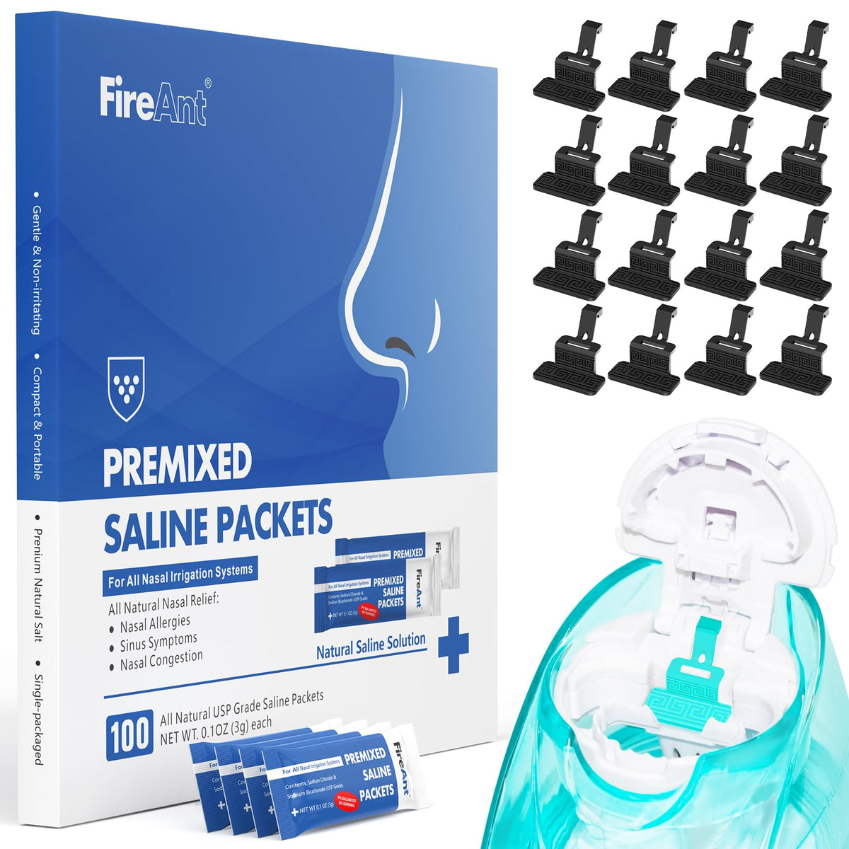 FireAnt 100 saline packets for nasal rinse offer consistent, convenient use.